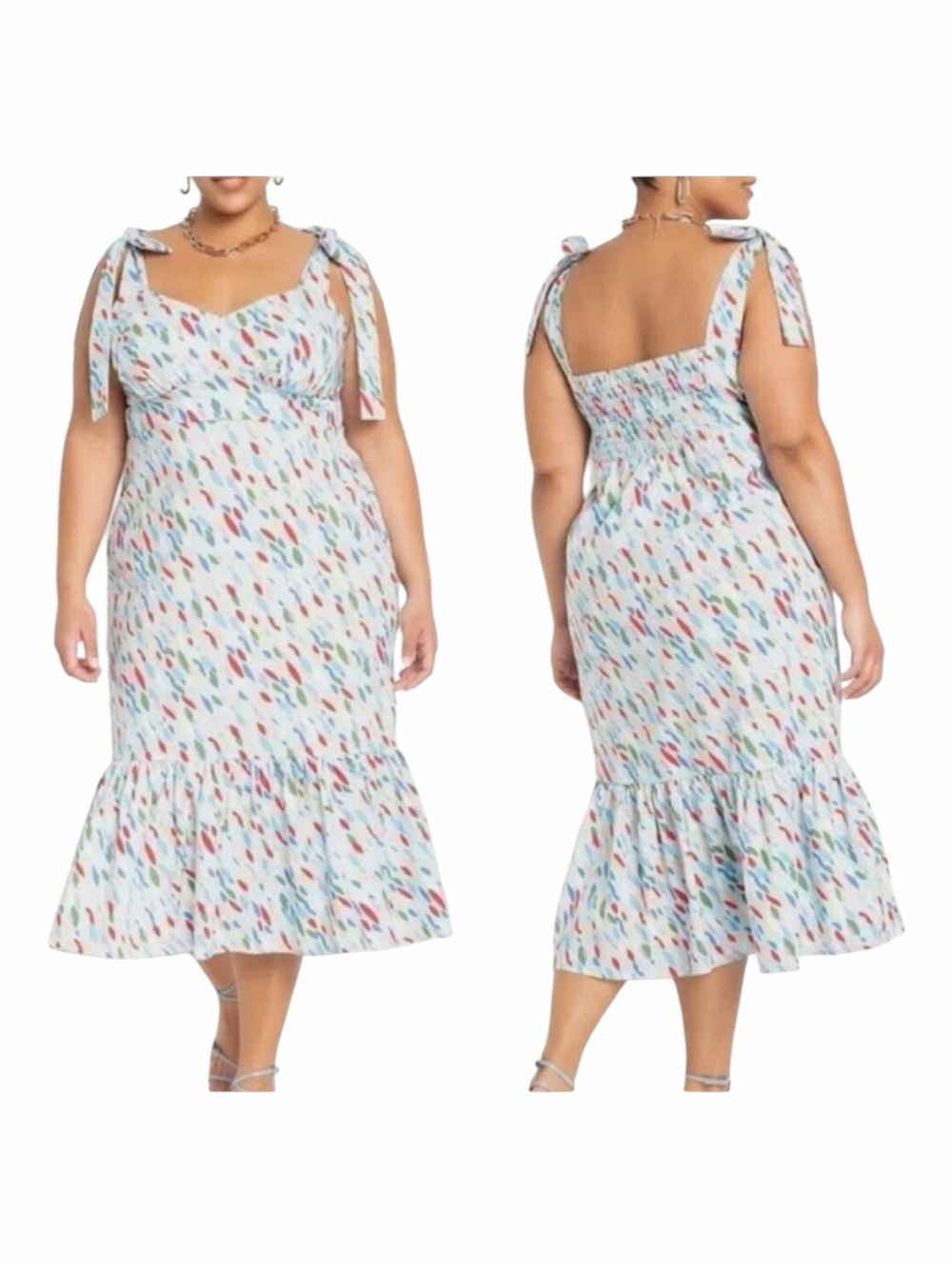 ELOQUII Colorful Tie-Shoulder Smocked Back Ruffled Cotton/Nylon Midi Dress. 14.